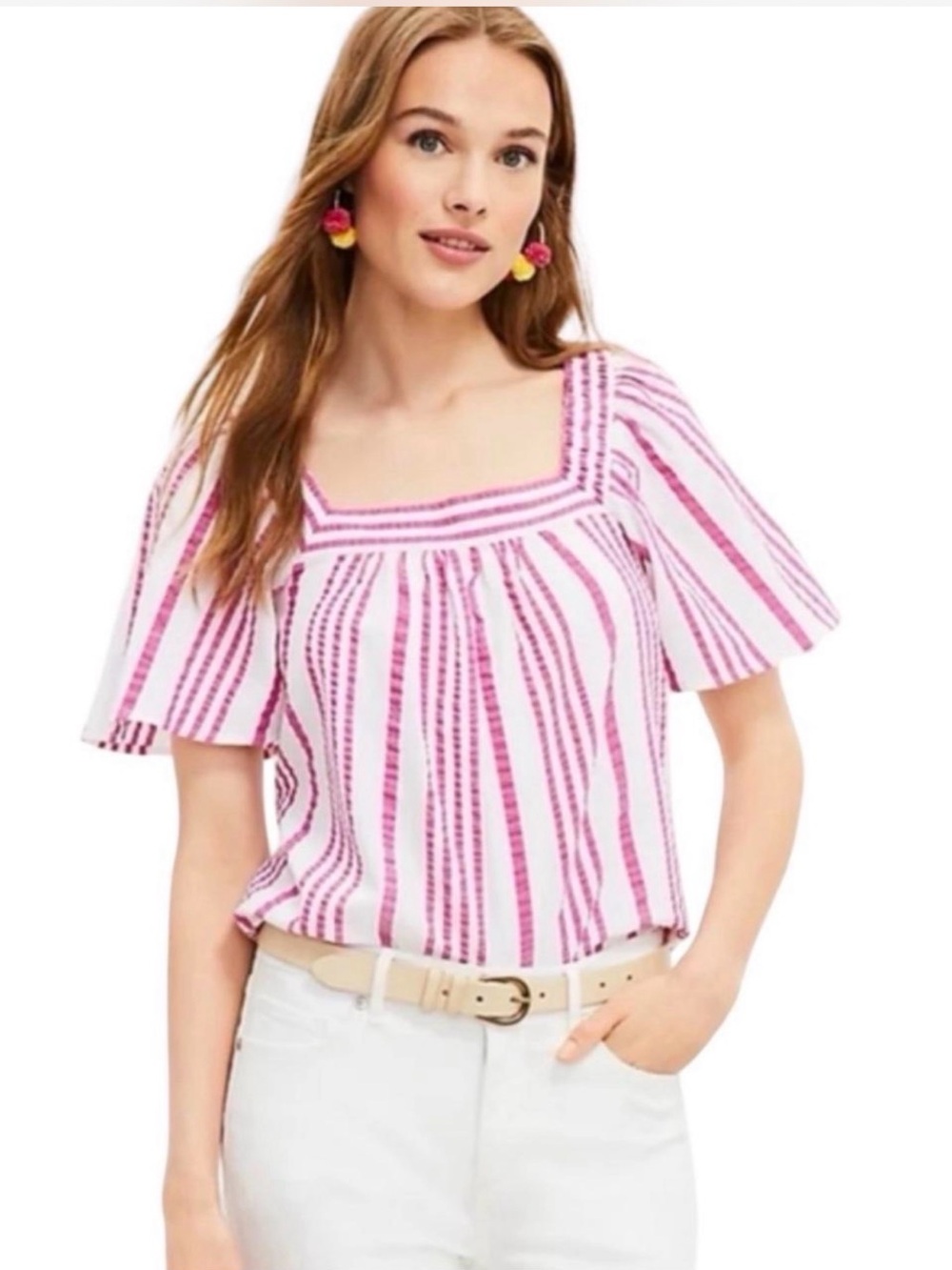 LOFT Pink and White Striped Square-Neck Top